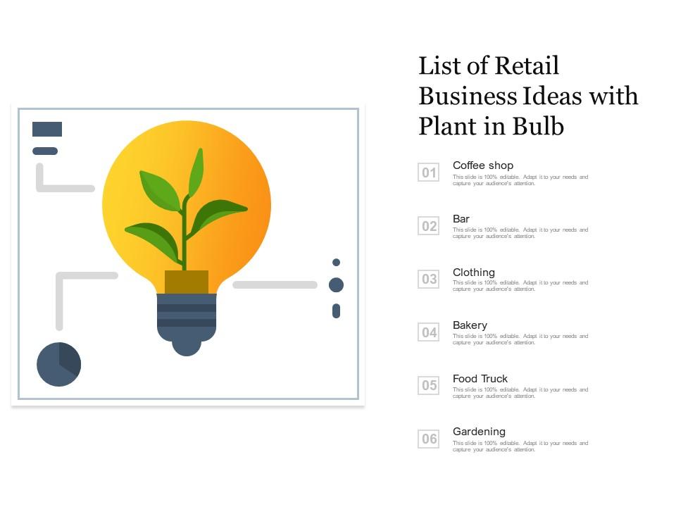 List of retail business ideas with plant in bulb Slide00