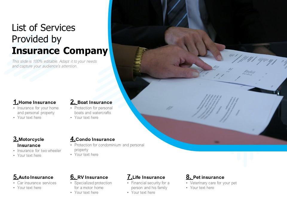 List of services provided by insurance company Slide00