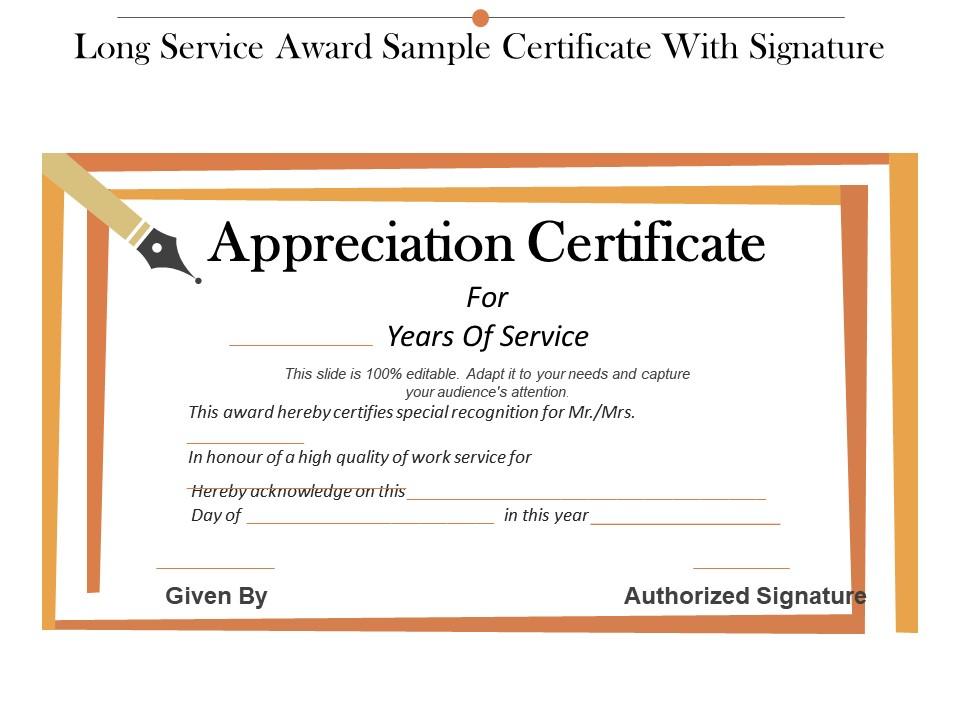 Long service award sample certificate with signature Slide01