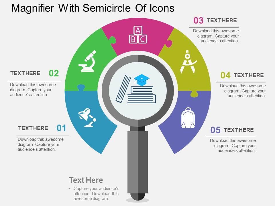 Magnifier With Semicircle Of Icons Flat Powerpoint Design | PowerPoint ...