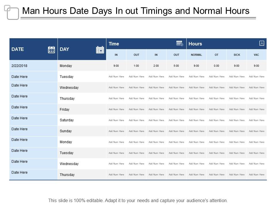 Man Hours Date Days In Out Timings And Normal Hours | Templates ...