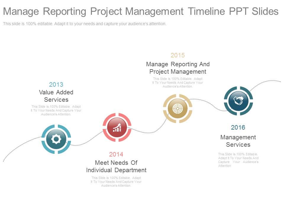 Manage reporting project management timeline ppt slides Slide01