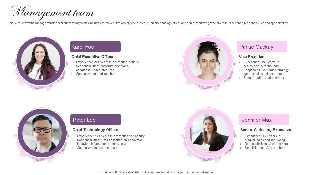 Management Team Cosmetic Brand Company Profile Ppt Sample