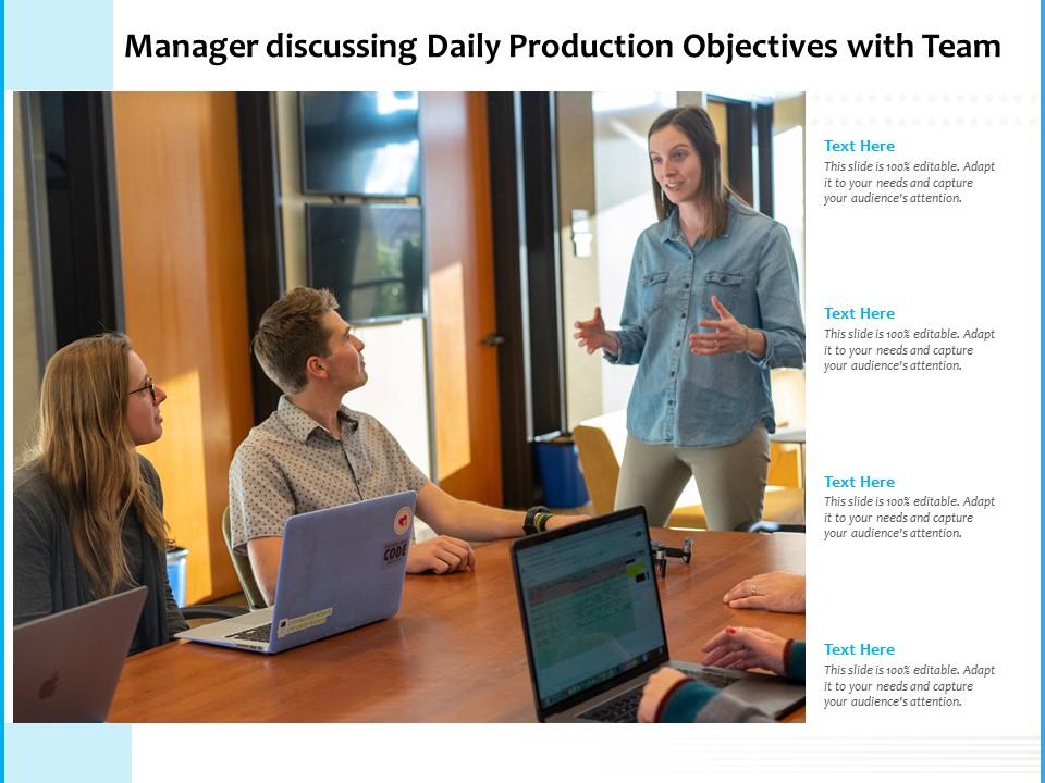 Manager discussing daily production objectives with team Slide00
