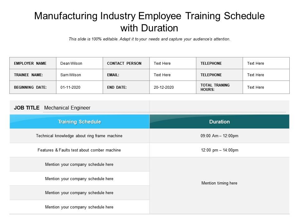 Manufacturing Industry Employee Training Schedule With Duration