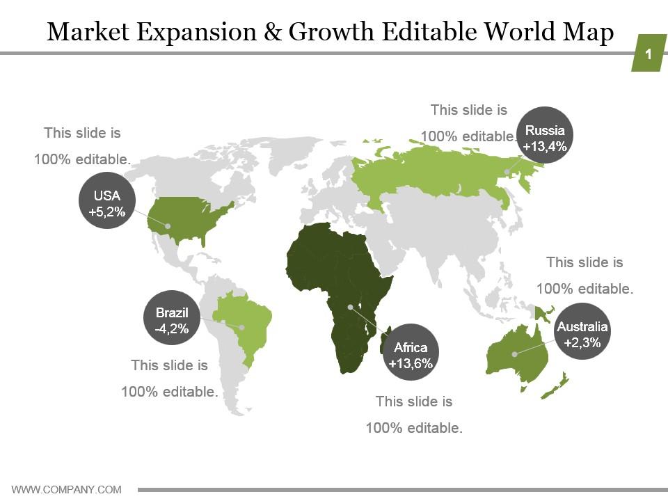 Market expansion and growth editable world map ppt model Slide01