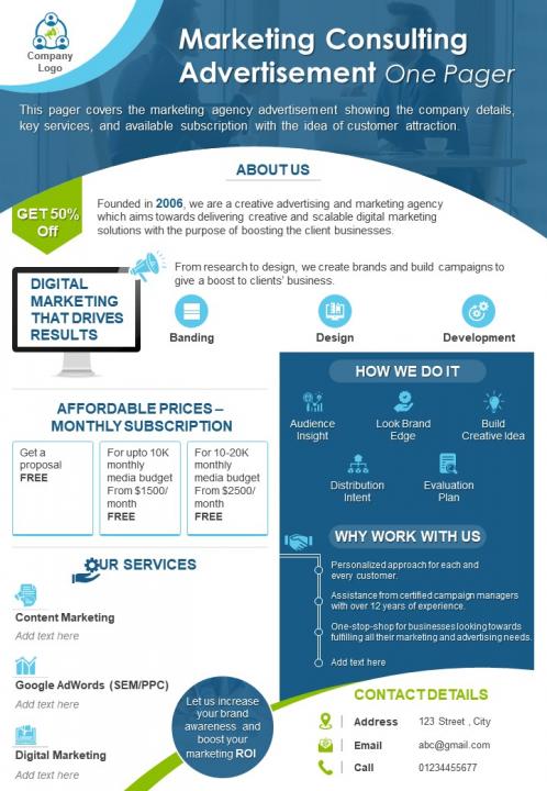 Marketing Consulting Advertisement One Pager Presentation Report Infographic PPT PDF Document