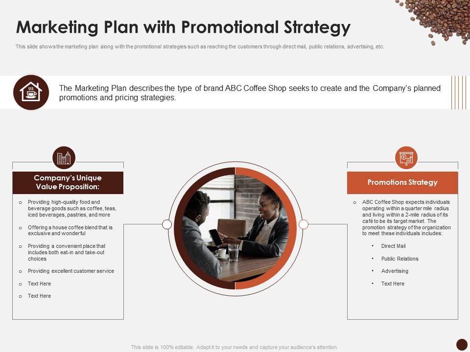 Marketing plan with promotional strategy master plan kick start coffee house ppt template Slide01