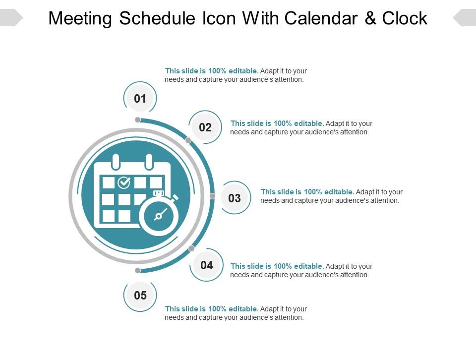Meeting schedule icon with calendar and clock ppt examples Slide01