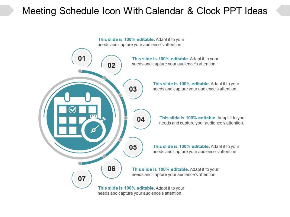 Meeting schedule icon with calendar and clock ppt ideas Slide01