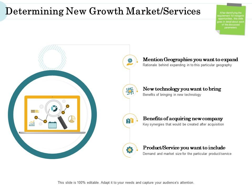 Merger and acquisition key steps determining new growth market services ppt diagrams