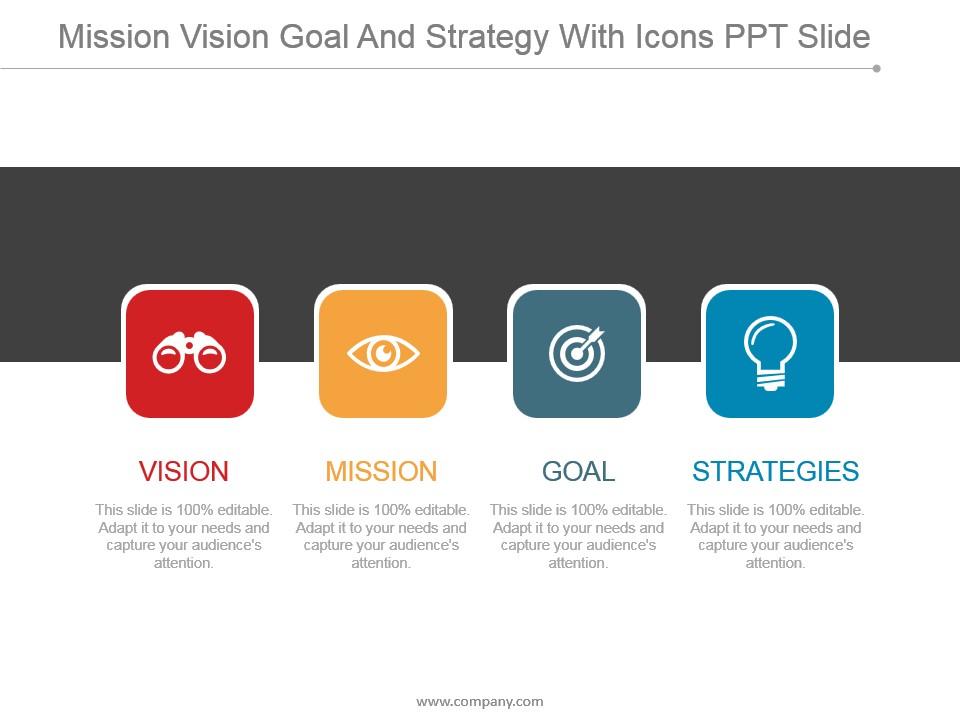 Mission vision goal and strategy with icons ppt slide Slide01