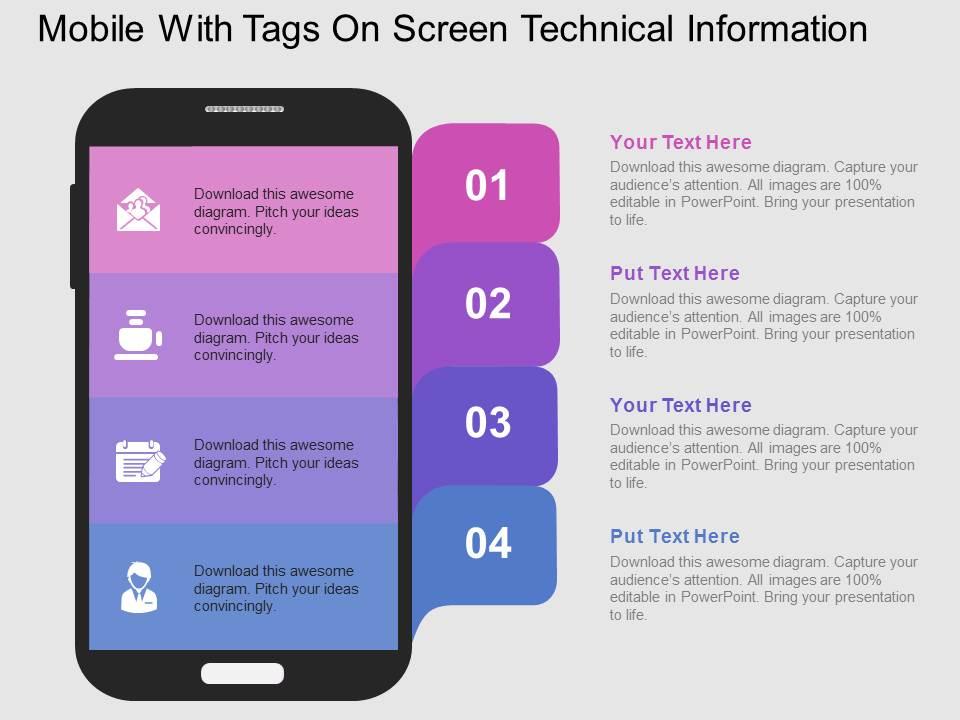 Mobile with tags on screen technical information flat powerpoint design Slide01