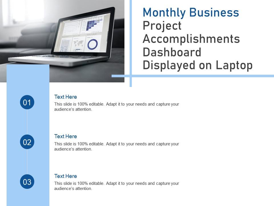 Monthly business project accomplishments dashboard displayed on laptop