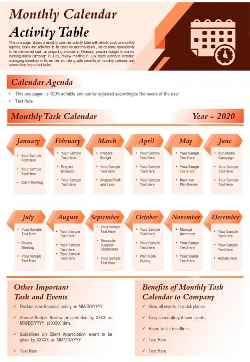 Monthly calendar activity table presentation report infographic ppt pdf document Slide01