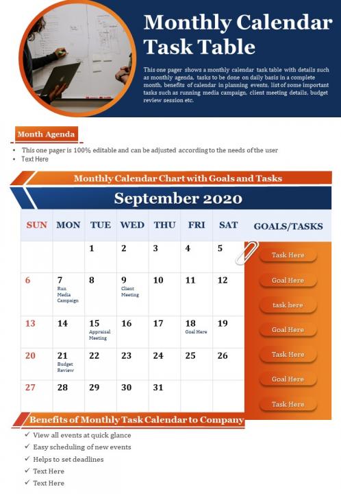 Monthly calendar task table presentation report infographic ppt pdf document Slide01