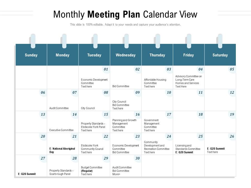 Monthly Meeting Plan Calendar View Presentation Graphics