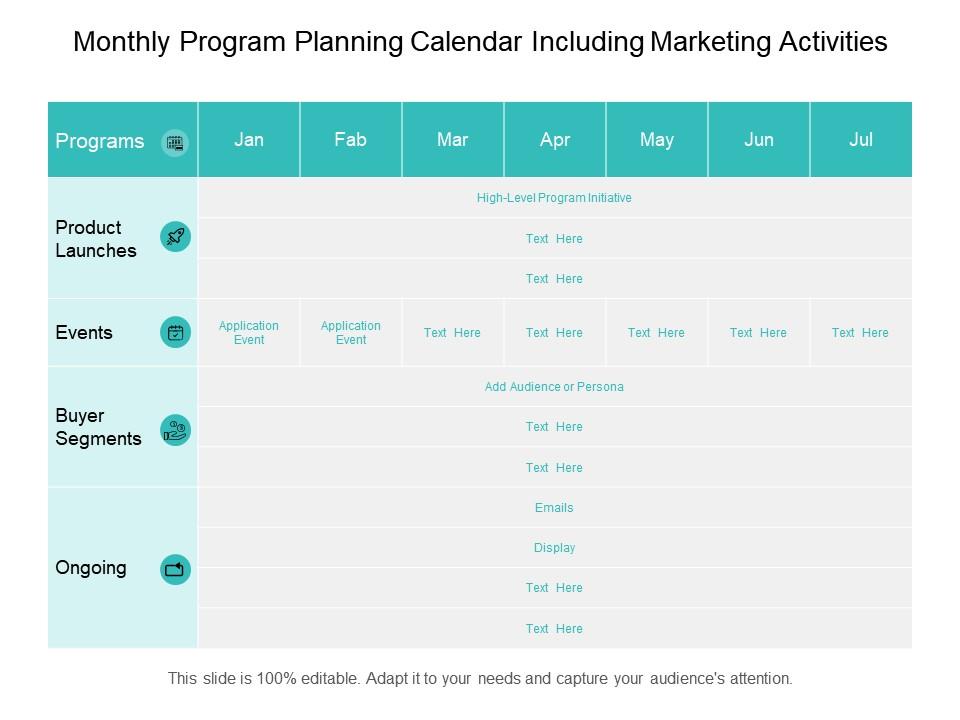 Monthly program planning calendar including marketing activities Slide01