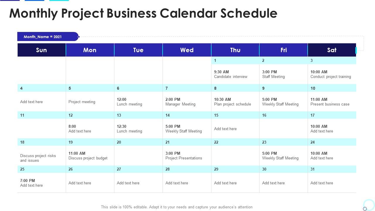 Monthly project business calendar schedule