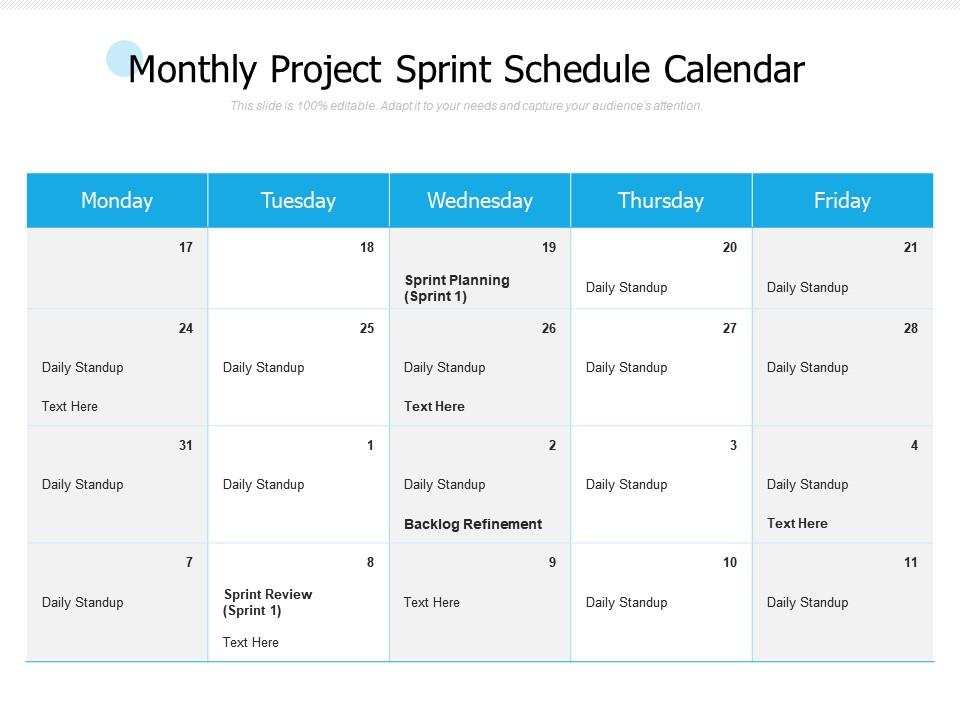 Monthly project sprint schedule calendar Slide01