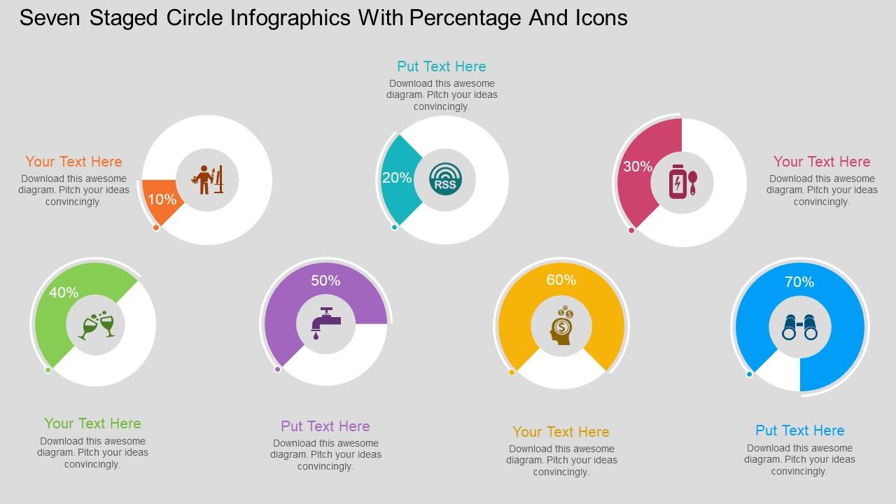 ms Seven Staged Circle Infographics With Percentage And Icons Flat ...