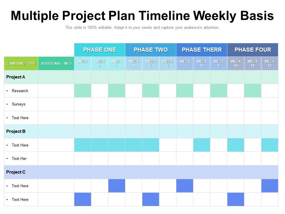 Multiple Project Plan Timeline Weekly Basis PowerPoint Slides