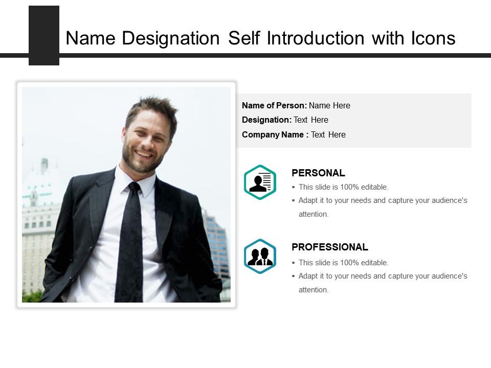 Name designation self introduction with icons Slide01
