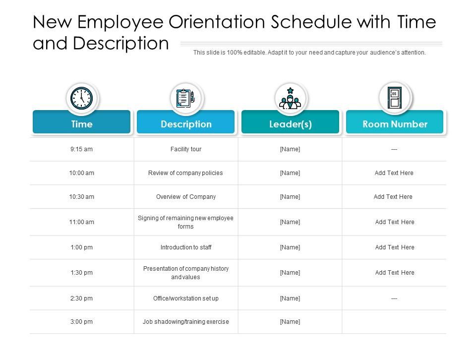 new-employee-orientation-schedule-with-time-and-description-presentation-graphics
