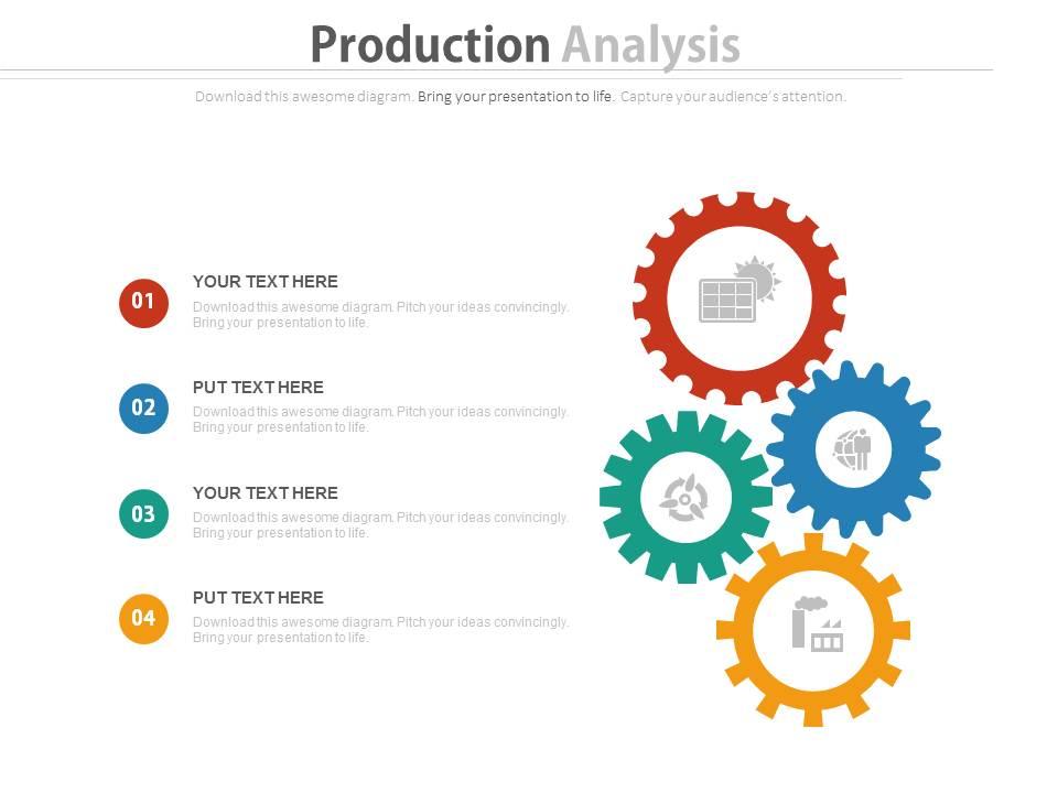 New four gears for production analysis flat powerpoint design Slide01