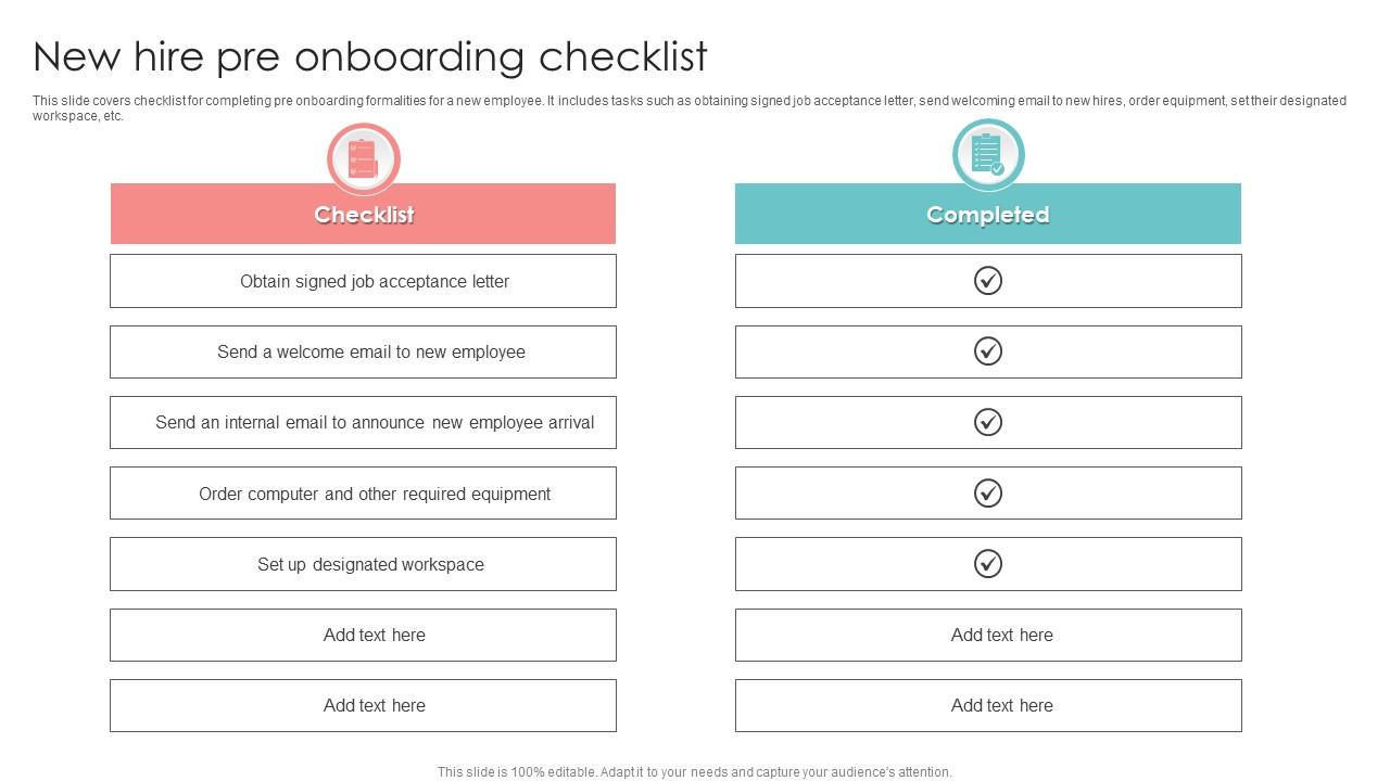 New Hire Pre Onboarding Checklist PPT Slide