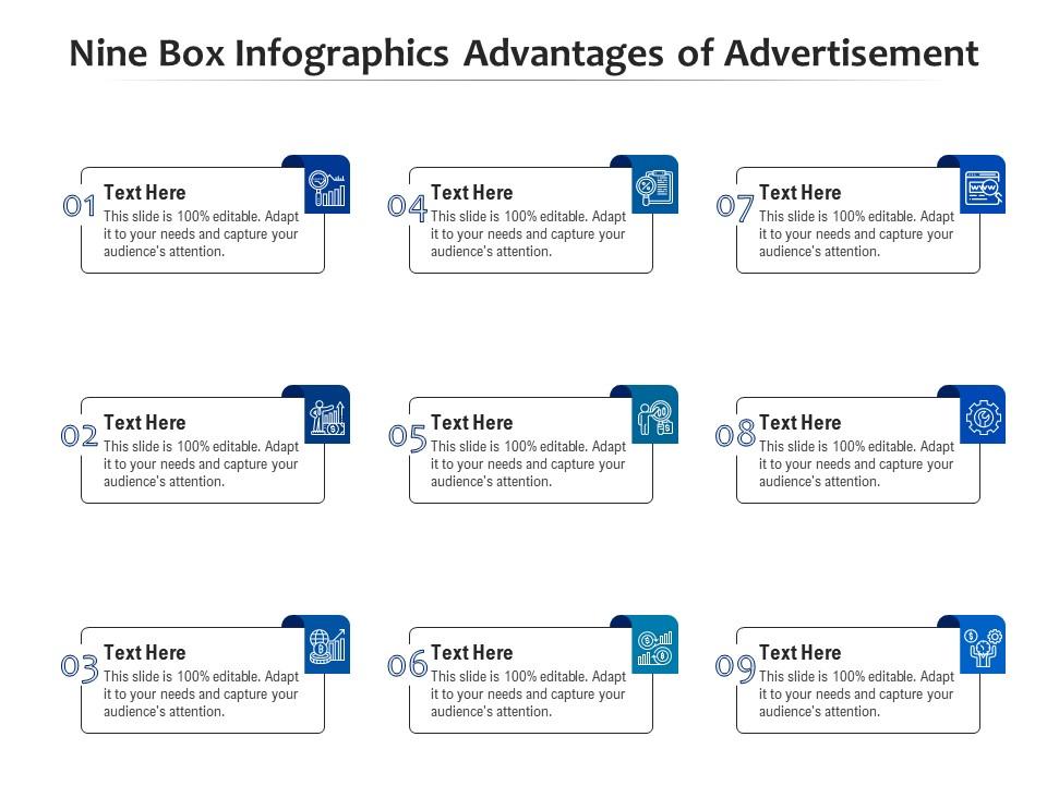Nine Box Infographics Advantages Of Advertisement Template Presentation Graphics