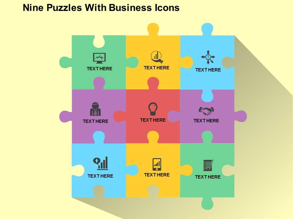 Nine puzzles with business icons flat powerpoint design Slide01