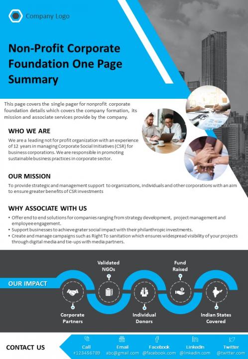 Non Profit Corporate Foundation One Page Summary Presentation Report Infographic PPT PDF Document