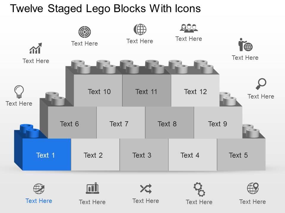 Nt twelve staged lego blocks with icons powerpoint template slide Slide01