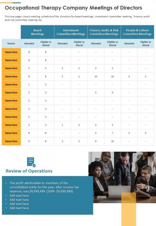 Occupational therapy company meetings of directors presentation report infographic ppt pdf document Slide01
