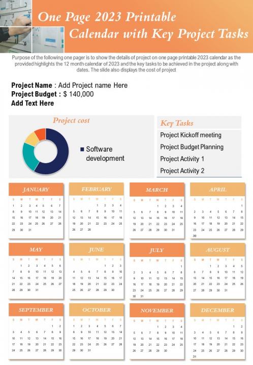 one page 2023 printable calendar with key project tasks presentation report infographic ppt pdf document presentation graphics presentation powerpoint example slide templates