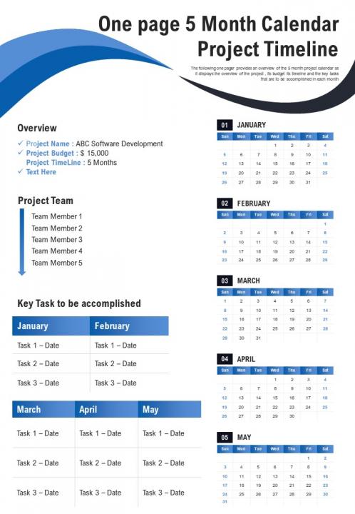 One page 5 month calendar project timeline presentation report infographic ppt pdf document Slide01