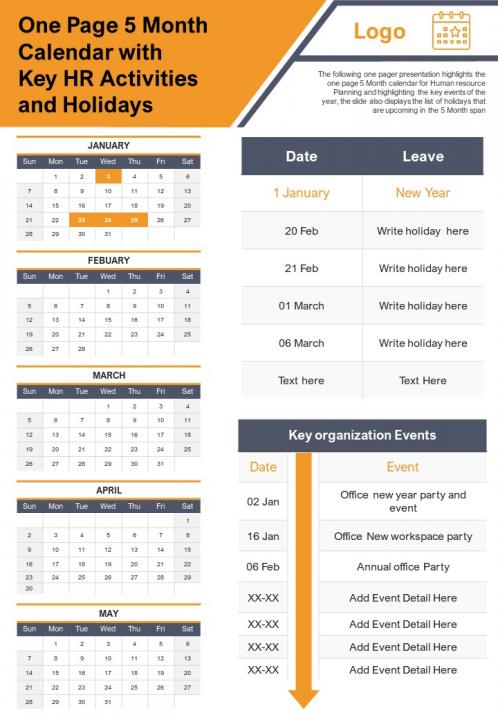 One page 5 month calendar with key hr activates and holidays presentation report infographic ppt pdf document Slide01
