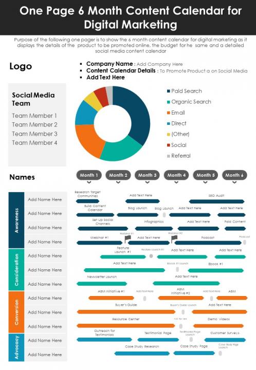 One page 6 month content calendar for digital marketing presentation report infographic ppt pdf document Slide01