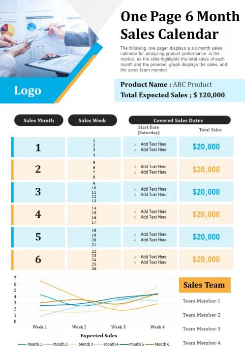One page 6 month sales calendar presentation report infographic ppt pdf document Slide01