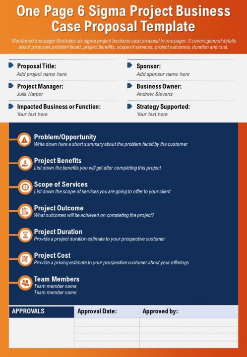 One page 6 sigma project business case proposal template presentation report infographic ppt pdf document Slide01