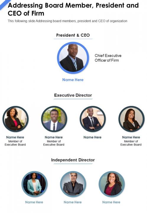 One page addressing board member president and ceo of firm report infographic ppt pdf document Slide01