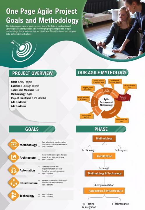 One page agile project goals and methodology presentation report infographic ppt pdf document Slide01