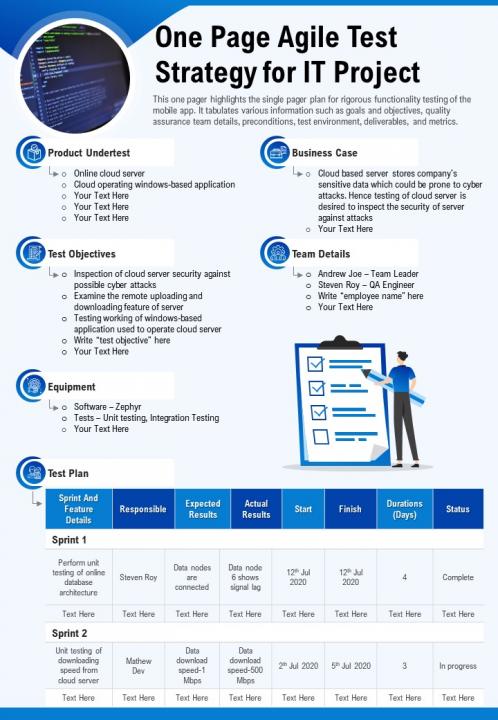 One page agile test strategy for it project presentation report infographic ppt pdf document Slide01