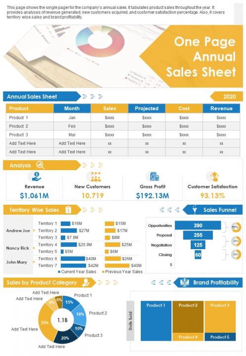 One page annual sales sheet presentation report infographic ppt pdf document Slide01