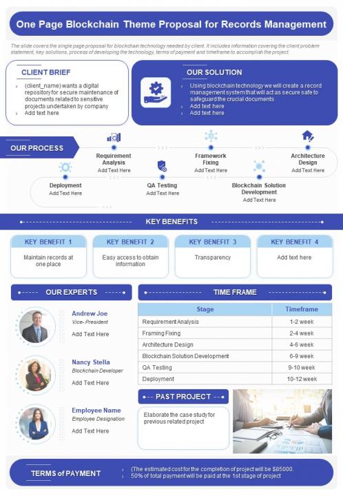 One page blockchain theme proposal for records management presentation report infographic ppt pdf document Slide01