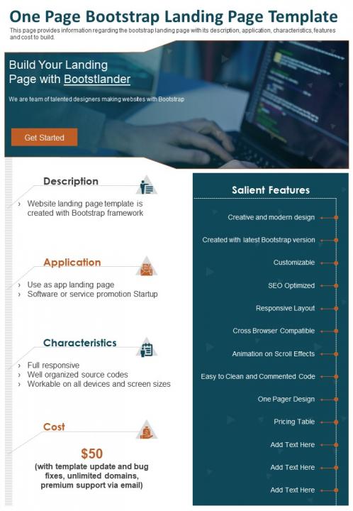 One Page Bootstrap Landing Page Template Presentation Report Infographic  PPT PDF Document | Presentation Graphics | Presentation PowerPoint Example  | Slide Templates