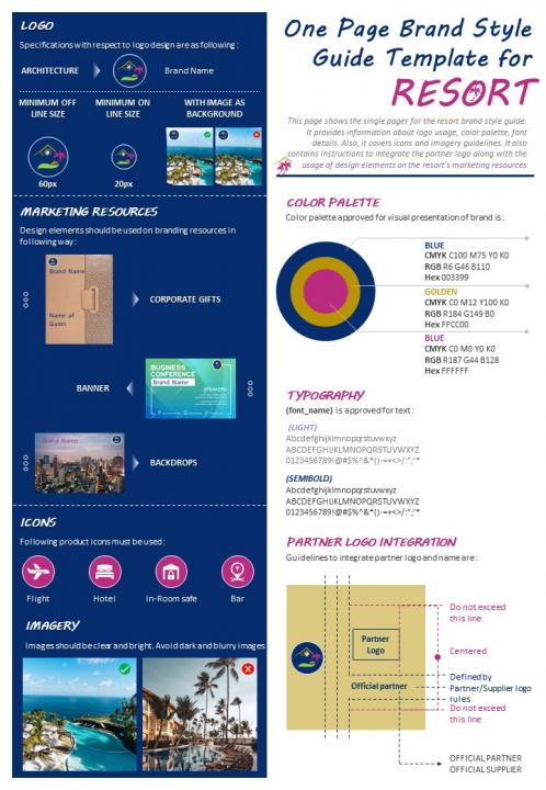 One page brand style guide template for resort presentation report infographic ppt pdf document Slide01