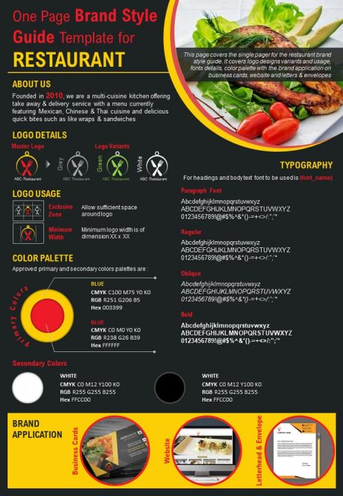 One page brand style guide template for restaurant presentation report infographic ppt pdf document Slide01