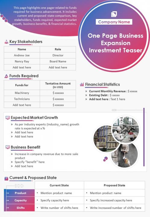 One page business expansion investment teaser presentation report infographic ppt pdf document Slide01